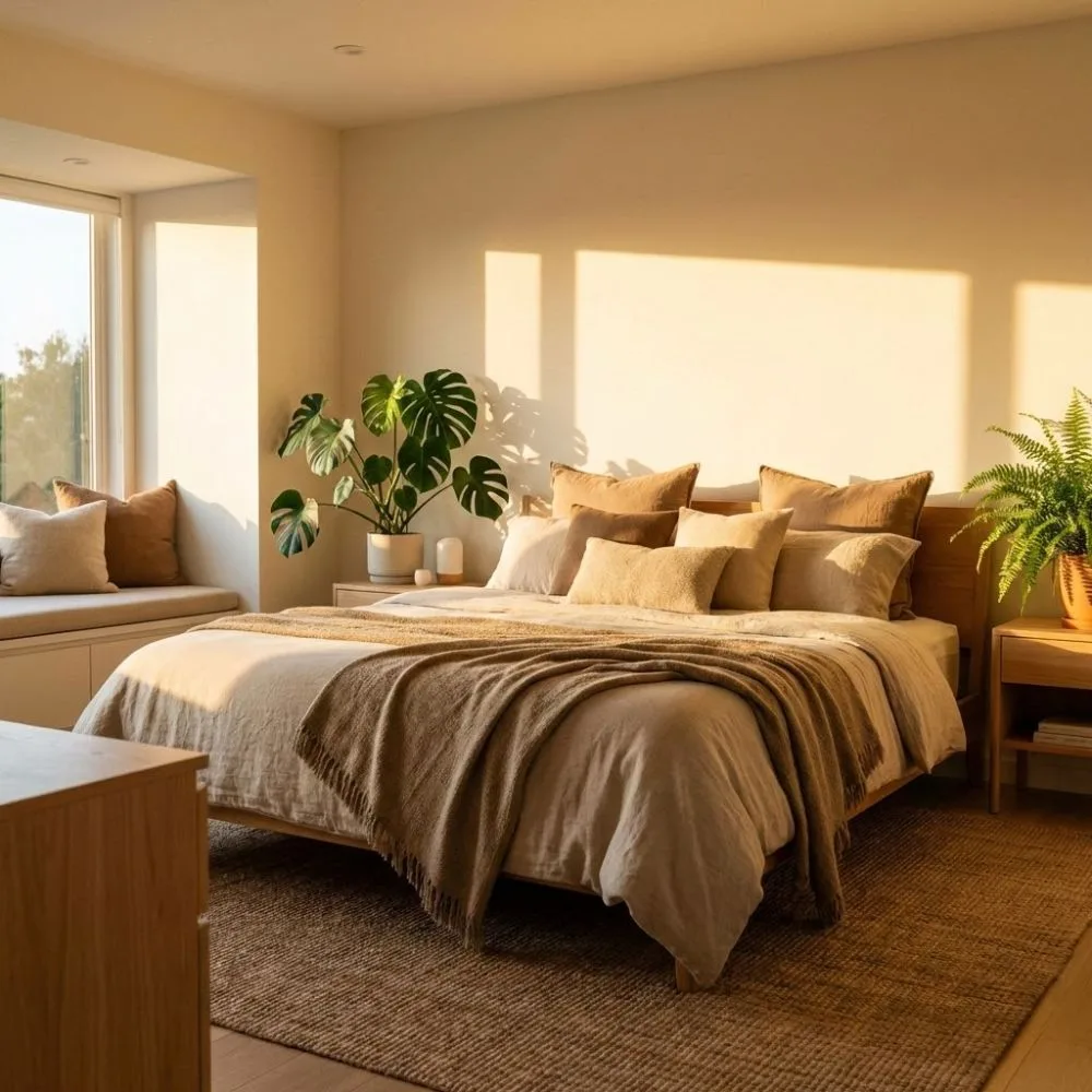 Chambre parentale zen et minimaliste baignée de lumière dorée. Lit king size, textiles naturels (lin, laine), plantes et mobilier en bois clair.