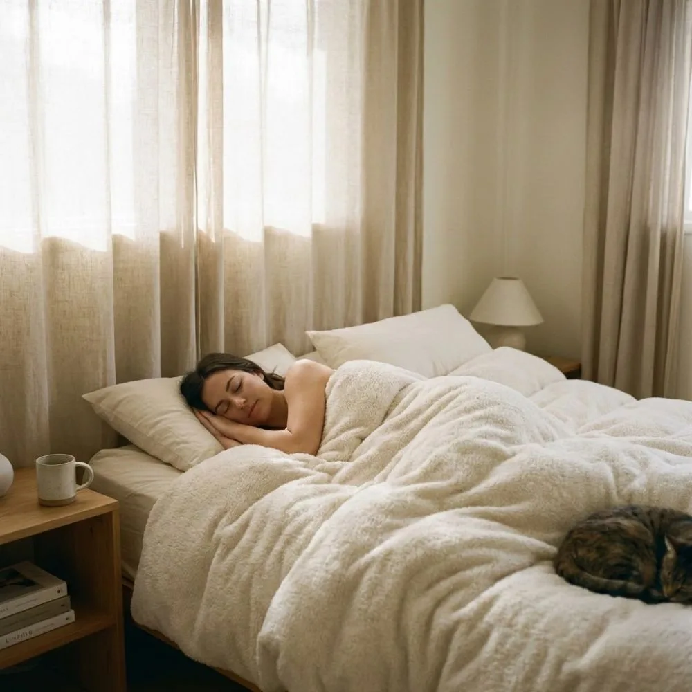 Femme dormant paisiblement dans une chambre lumineuse et cosy aux tons neutres. Lumière naturelle du matin, lit confortable, chat, style lifestyle.