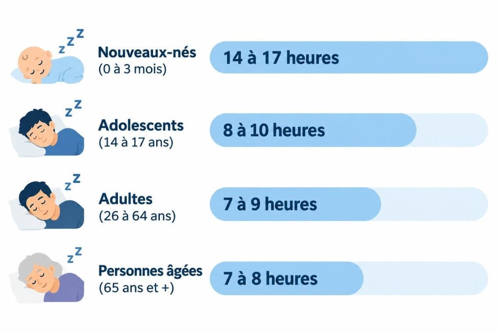 Infographie présentant les durées de sommeil recommandées par tranche d'âge avec des barres bleues et des titres en français.