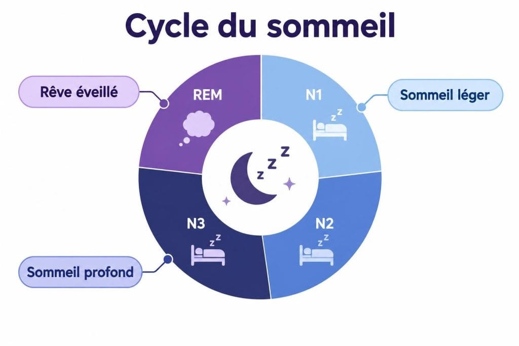 Schéma vectoriel du cycle du sommeil avec les phases REM, sommeil léger et profond.