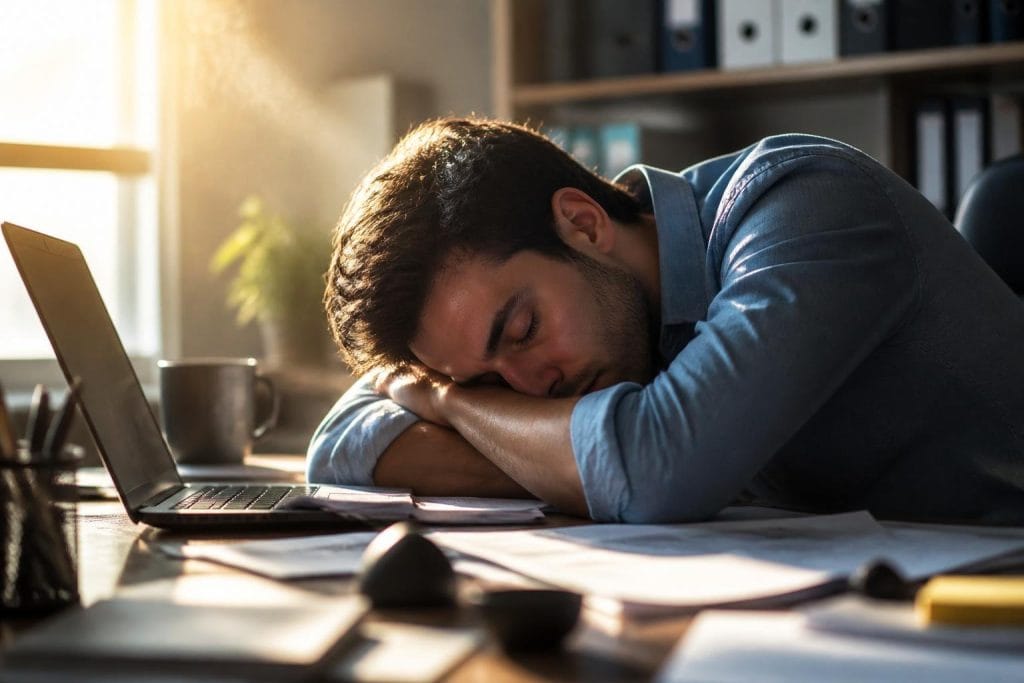 Homme épuisé dormant profondément sur son bureau de travail baigné par la lumière douce du matin.