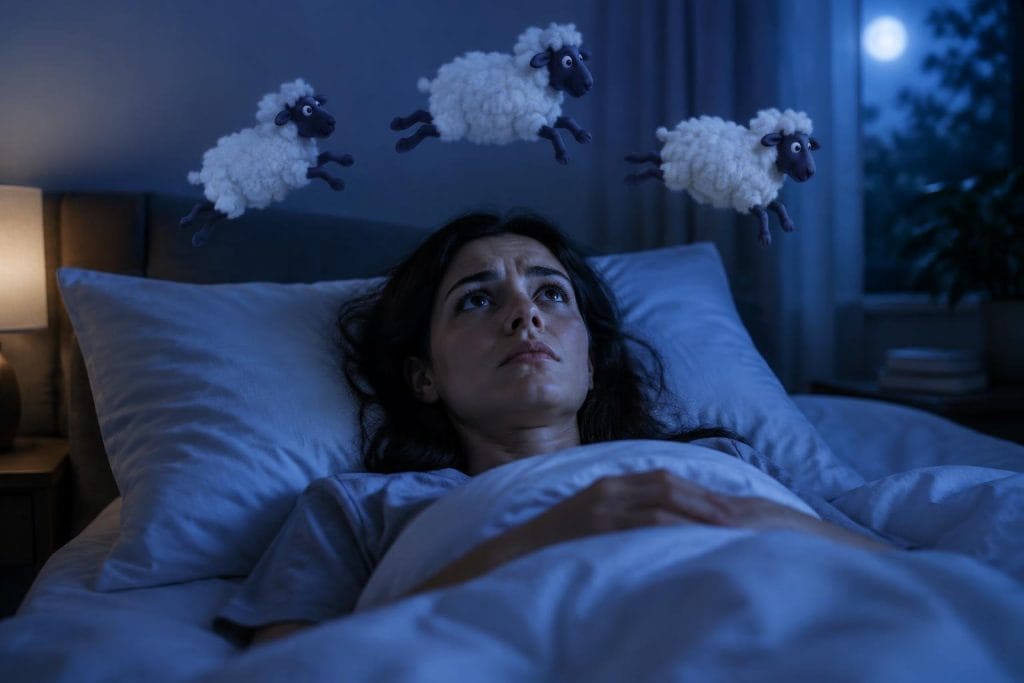 Femme allongée awake dans son lit la nuit avec des moutons stylisés flottant au-dessus d'elle pour illustrer l'insomnie.