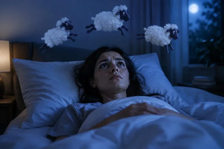 Femme allongée awake dans son lit la nuit avec des moutons stylisés flottant au-dessus d'elle pour illustrer l'insomnie.