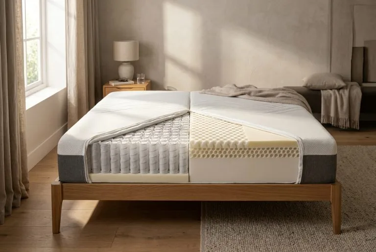 Comparaison visuelle entre la structure d'un matelas en mousse et un matelas à ressorts ensachés