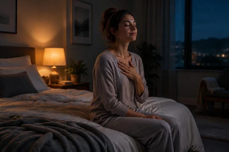 Femme assise au bord du lit la main sur la poitrine dans une chambre sombre éclairée par une lumière douce et apaisante.