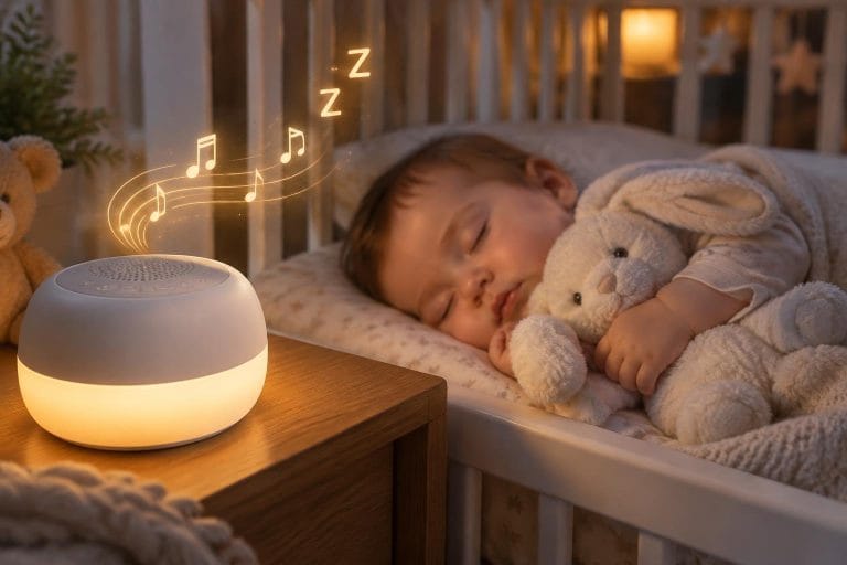 Bébé endormi paisiblement dans un berceau avec une machine à bruit blanc et une veilleuse douce émettant des ondes sonores apaisantes.