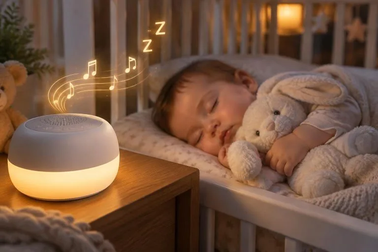 Bébé endormi paisiblement dans un berceau avec une machine à bruit blanc et une veilleuse douce émettant des ondes sonores apaisantes.