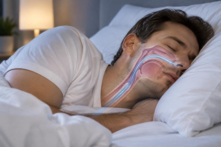 Homme dormant paisiblement sur le côté avec une superposition anatomique montrant des voies respiratoires ouvertes et dégagées.