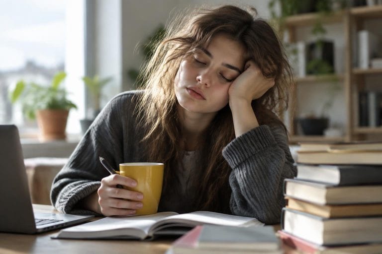 Jeune femme épuisée s'endormant sur un bureau avec un livre et une tasse, illustrant la fatigue diurne de l'hypersomnie.