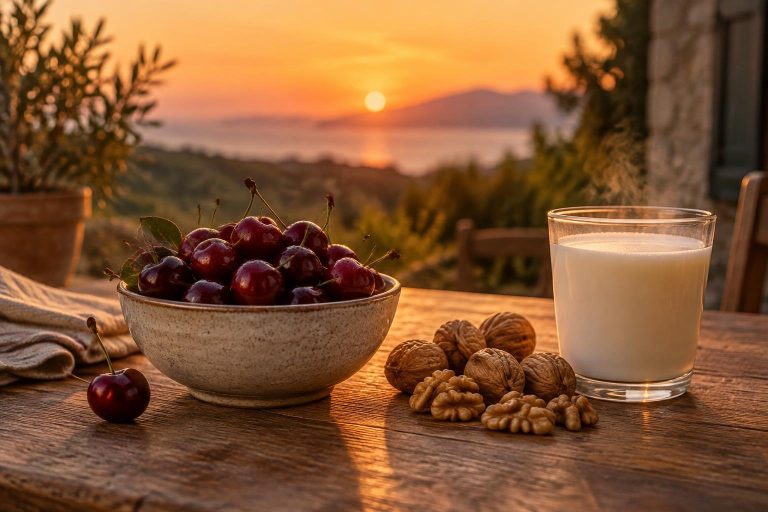 Bol de cerises, noix et verre de lait sur une table en bois baignés par la lumière dorée d'un coucher de soleil.